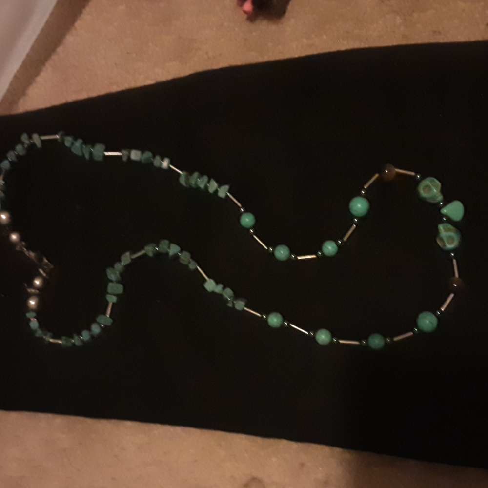 Turquoise and silver and cat's eye necklace 24in vintage